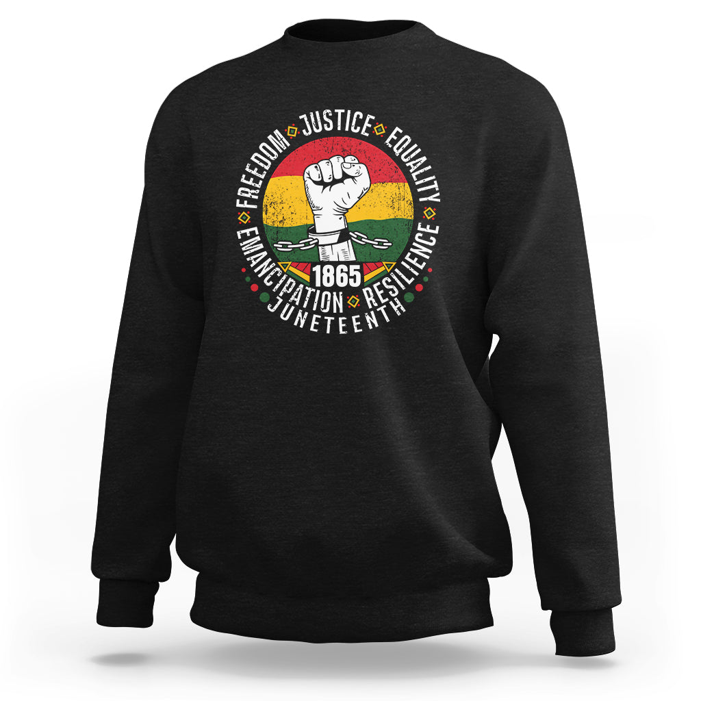 Black crewneck sweatshirt with colorful Juneteenth fist graphic on back