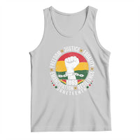 Light gray tank top with raised-fist graphic and circular justice text print