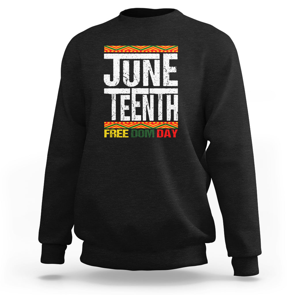Black crewneck sweatshirt with “JUNE” “IENTH” and “FREE DOM DAY” graphic