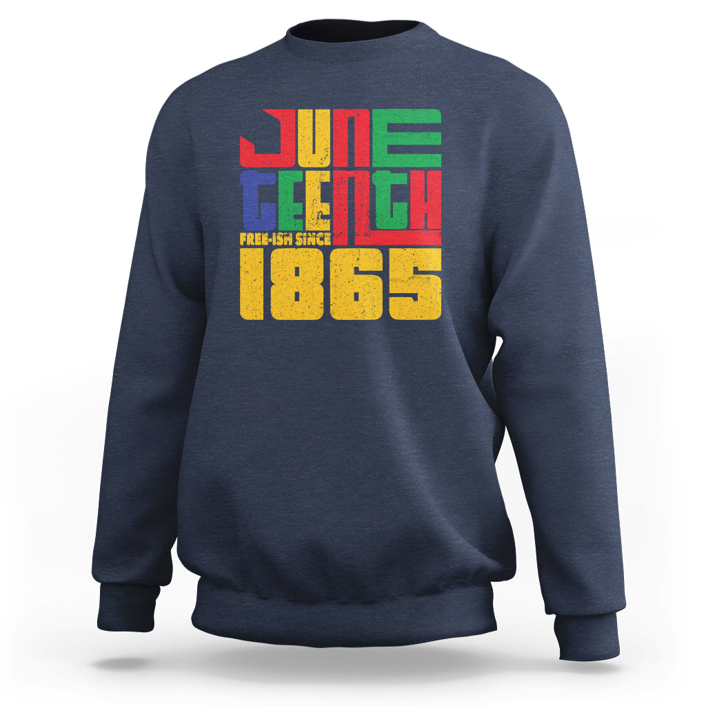 Navy crewneck sweatshirt with colorful "FREE-ISH SINCE 1865" front graphic