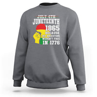 Gray crewneck sweatshirt with Juneteenth 1865 text and fist graphic on chest