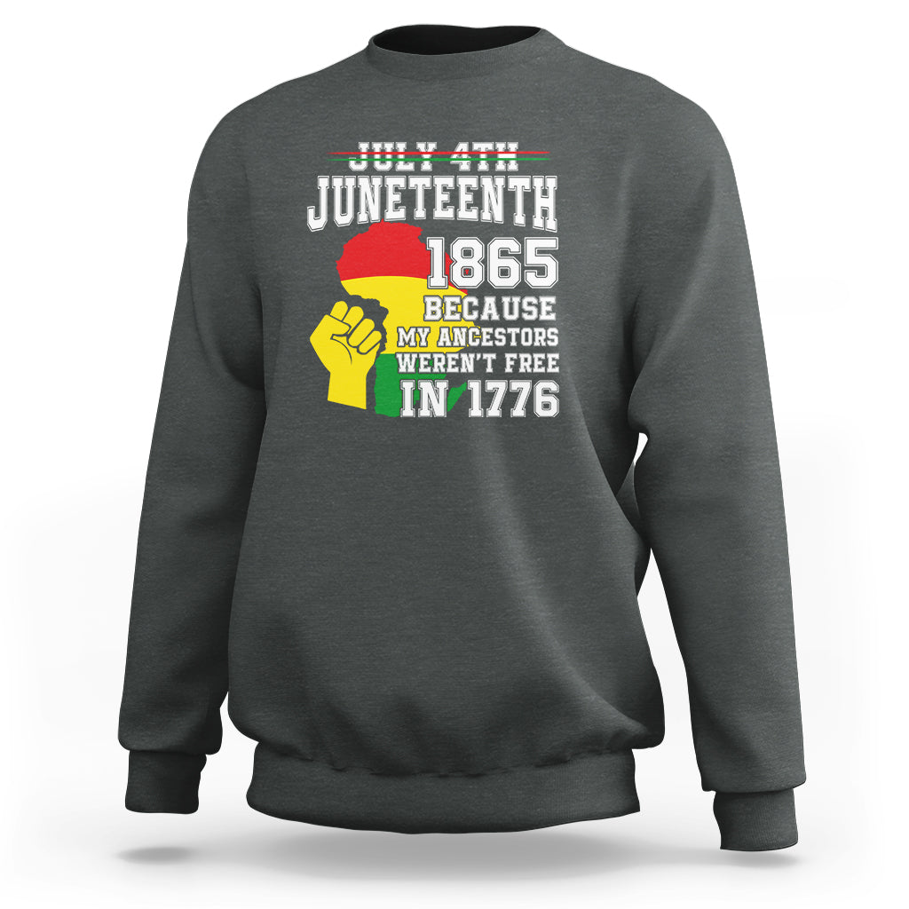 Dark heather crewneck sweatshirt with Juneteenth 1865 and raised fist graphic