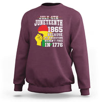 Maroon crewneck sweatshirt with Juneteenth 1865 graphic and raised fist
