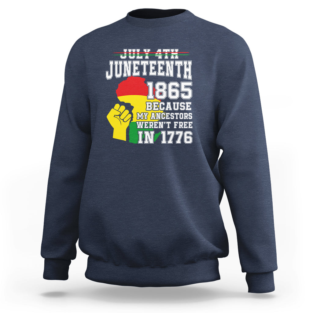 Navy crewneck sweatshirt with colorful Juneteenth 1865 graphic on the chest
