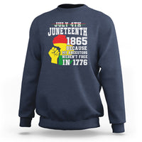 Navy crewneck sweatshirt with colorful Juneteenth 1865 graphic on the chest