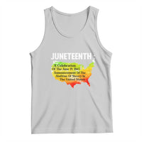Heather gray Juneteenth tank top with colorful map graphic and bold text