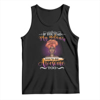 Black sleeveless tank top with multicolor portrait and “My Melanin” graphic