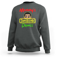 Dark heather gray crewneck sweatshirt with Juneteenth prince graphic on chest
