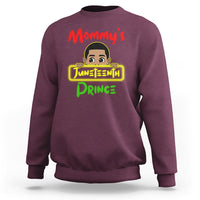 Maroon crewneck sweatshirt with Juneteenth prince graphic on chest