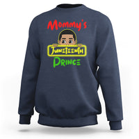 Navy crewneck sweatshirt with Juneteenth prince graphic on chest