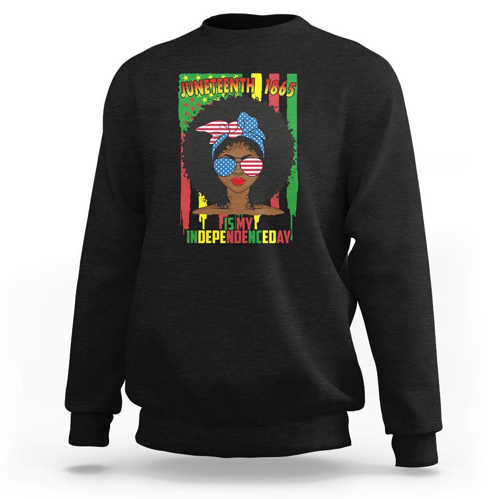 Black crewneck sweatshirt with colorful Juneteenth Independence Day front graphic