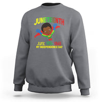 Charcoal crewneck sweatshirt with Juneteenth graphic and superhero boy front print