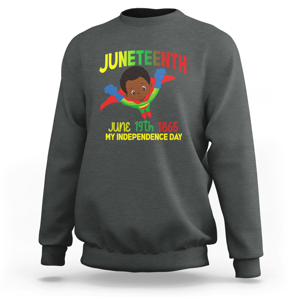 Dark heather crewneck sweatshirt with Juneteenth graphic and superhero boy front print