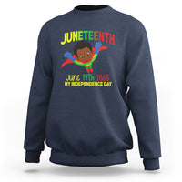Navy crewneck sweatshirt with Juneteenth graphic and superhero boy front print