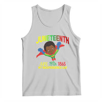 Light gray Juneteenth tank top with superhero child graphic and "June 19th 1865" text
