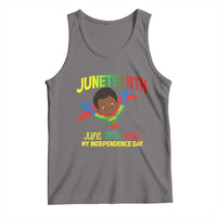 Gray Juneteenth sleeveless tank top with colorful superhero graphic and crew neckline