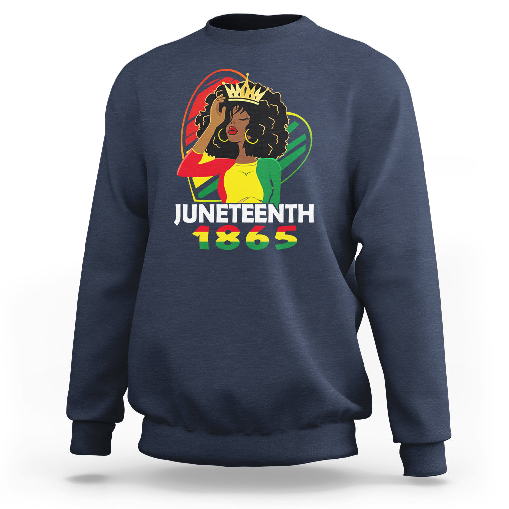 Navy crewneck sweatshirt with Juneteenth 1865 Afro graphic