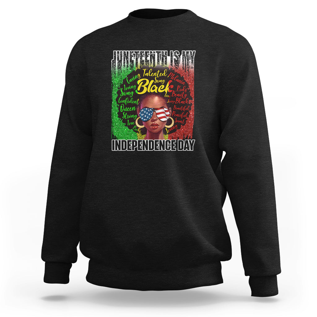Juneteenth independence day sweatshirt in black, front portrait graphic print.