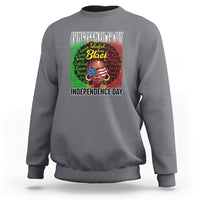 Juneteenth independence day sweatshirt in charcoal gray, front portrait graphic print.