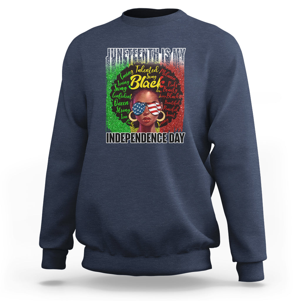 Juneteenth independence day sweatshirt in navy blue, front portrait graphic print.