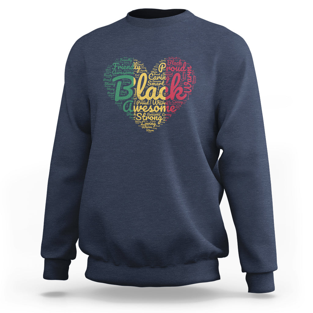Blue crewneck sweatshirt with colorful heart graphic on front