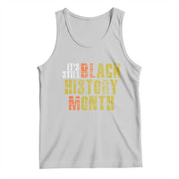 Light gray tank top with scoop neck and multicolor Black History Month text graphic