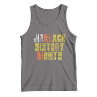 Gray sleeveless tank top with front graphic text "Still Black History Month"