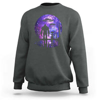 Crewneck sweatshirt in dark heather gray with galaxy full-moon alien and Bigfoot UFO graphic.