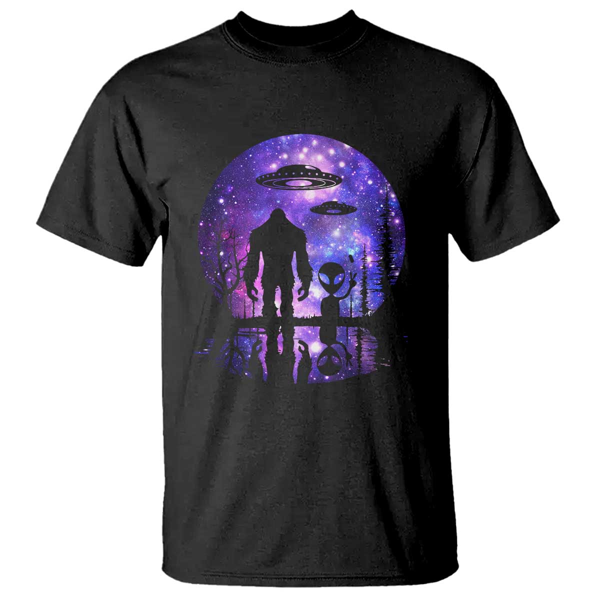 Alien And Bigfoot Full Moon Sasquatch UFO T Shirt - Wonder Print Shop