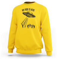 Daisy yellow crewneck sweatshirt with alien UFO graphic and abduction silhouettes