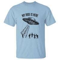 Light blue alien abduction UFO graphic T-shirt with flying saucer and silhouettes