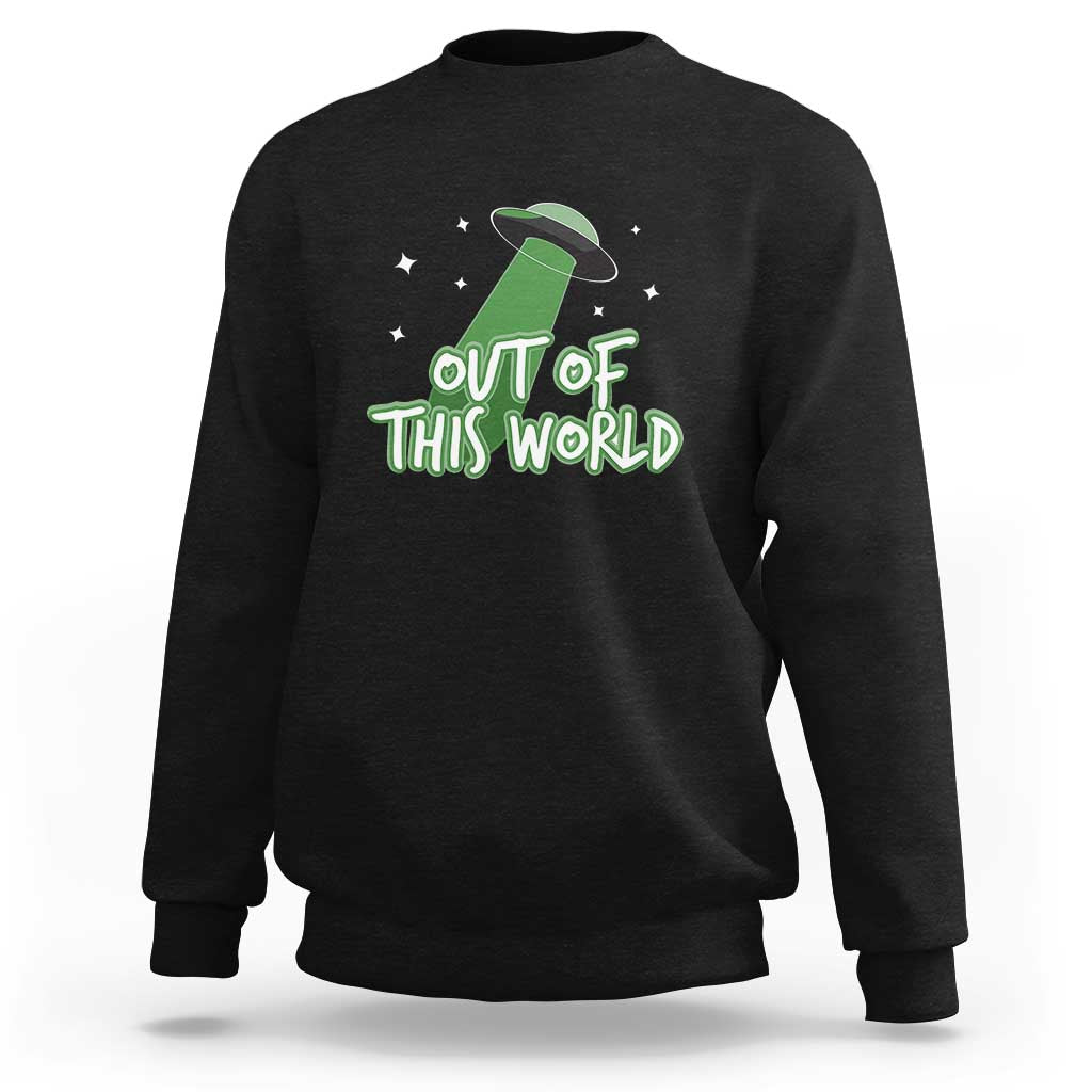 Black crewneck sweatshirt with Out of This World alien graphic and star accents