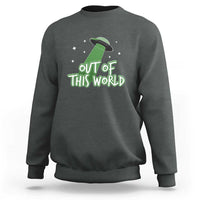 Charcoal heather crewneck sweatshirt with Out of This World alien graphic and star accents