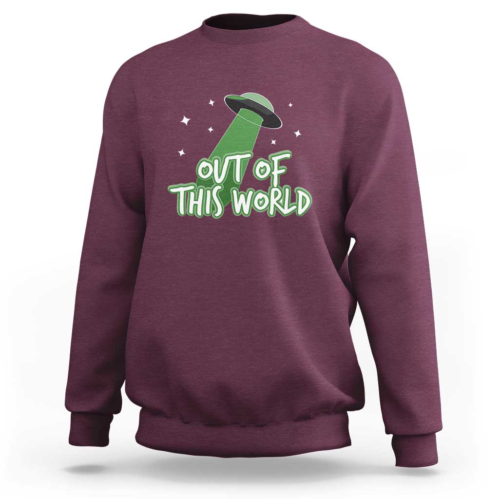 Maroon crewneck sweatshirt with Out of This World alien graphic and star accents