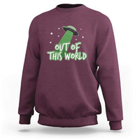 Maroon crewneck sweatshirt with Out of This World alien graphic and star accents