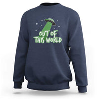 Royal blue crewneck sweatshirt with Out of This World alien graphic and star accents