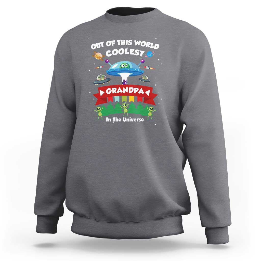 Men's gray crewneck sweatshirt with colorful space-themed alien and UFO graphic on chest