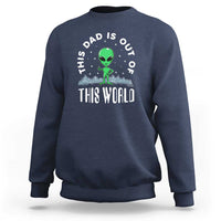 Navy dad-style sweatshirt with alien graphic and 'THIS WORLD' front print