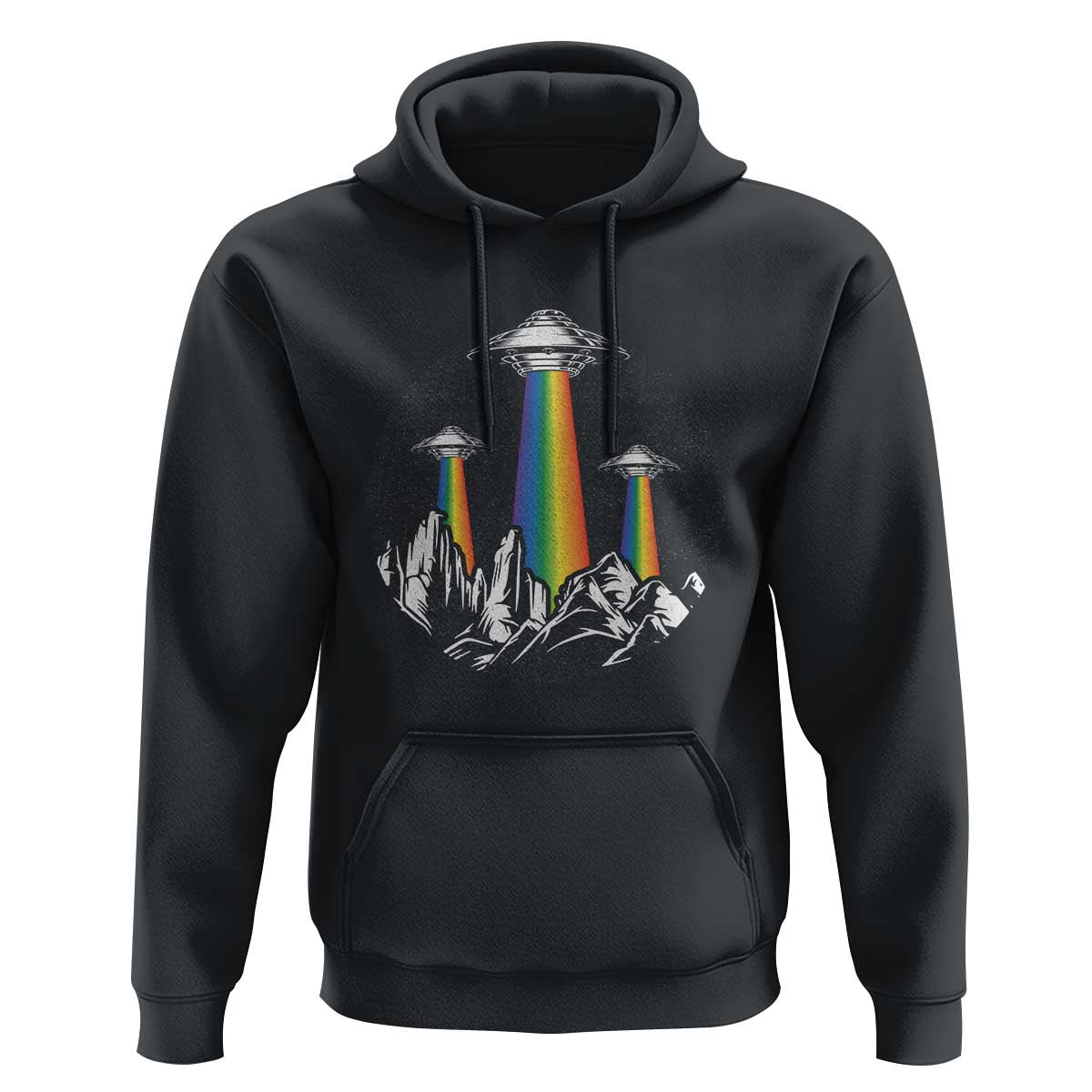 Black pullover hoodie with front UFO graphic, rainbow beam, and kangaroo pocket