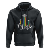 Black pullover hoodie with front UFO graphic, rainbow beam, and kangaroo pocket