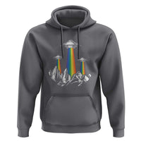Dark heather gray pullover hoodie with front UFO graphic, rainbow beam, and kangaroo pocket