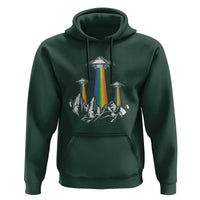 Dark forest green pullover hoodie with front UFO graphic, rainbow beam, and kangaroo pocket