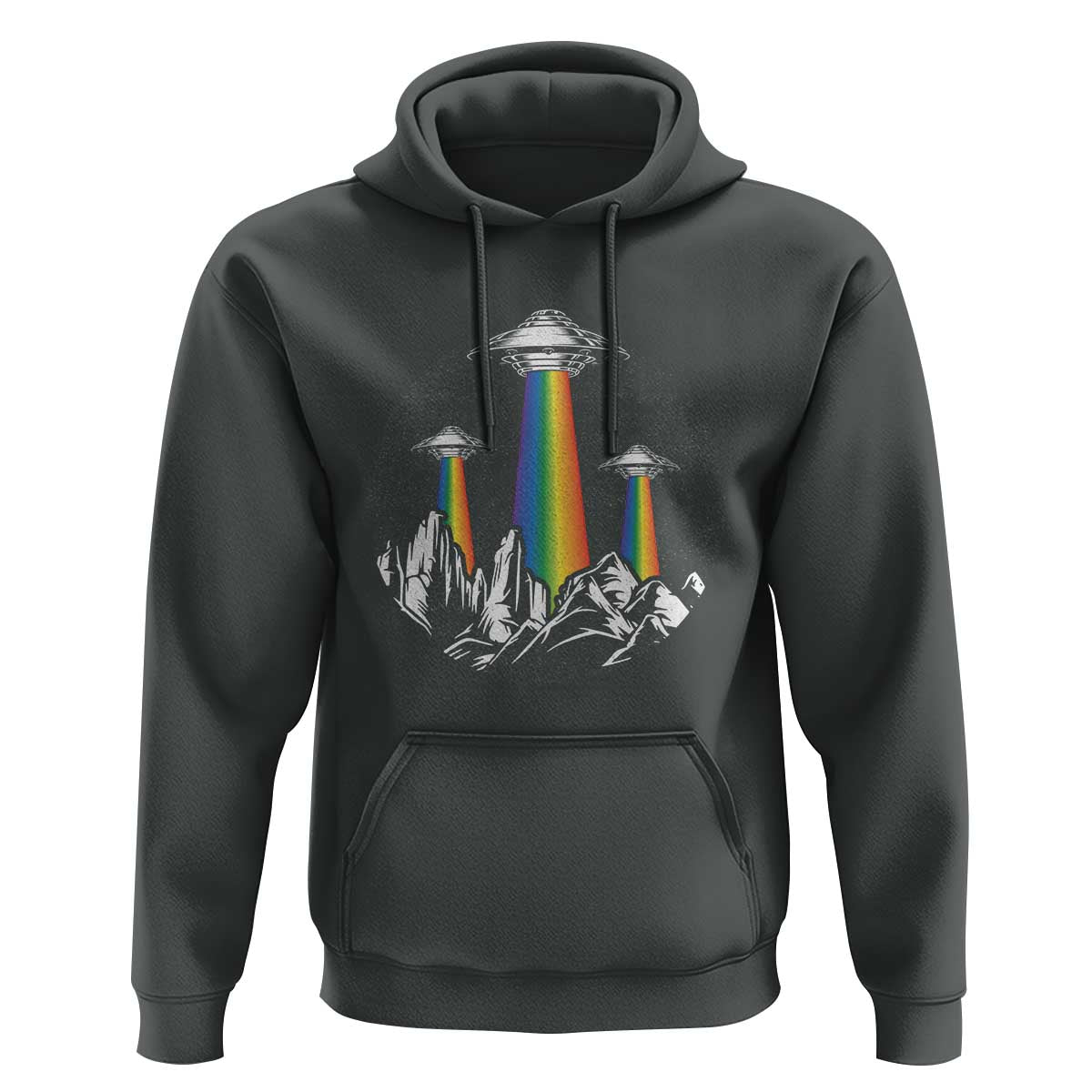 Charcoal pullover hoodie with front UFO graphic, rainbow beam, and kangaroo pocket