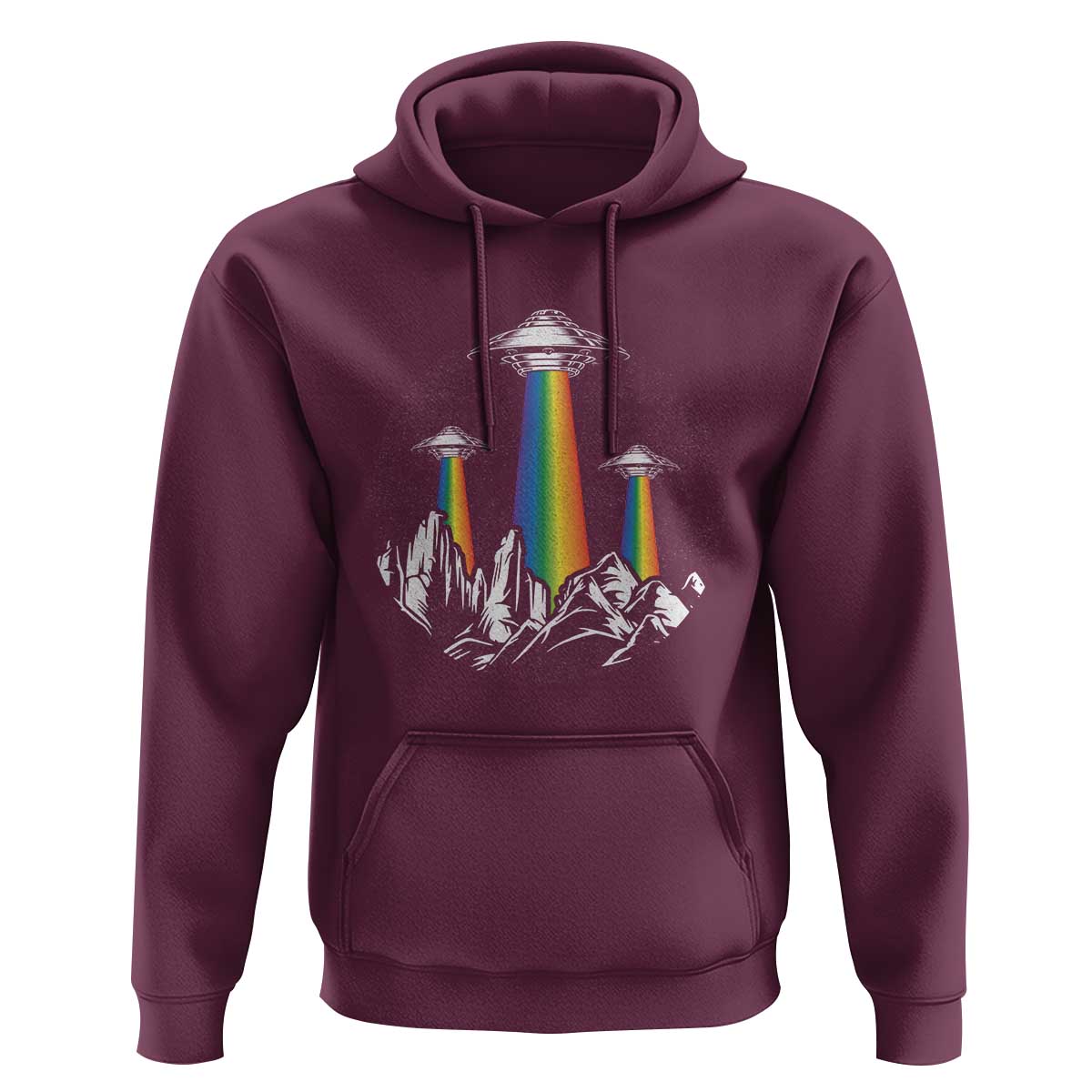 Maroon pullover hoodie with front UFO graphic, rainbow beam, and kangaroo pocket