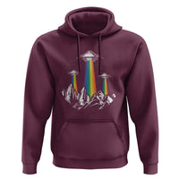 Maroon pullover hoodie with front UFO graphic, rainbow beam, and kangaroo pocket