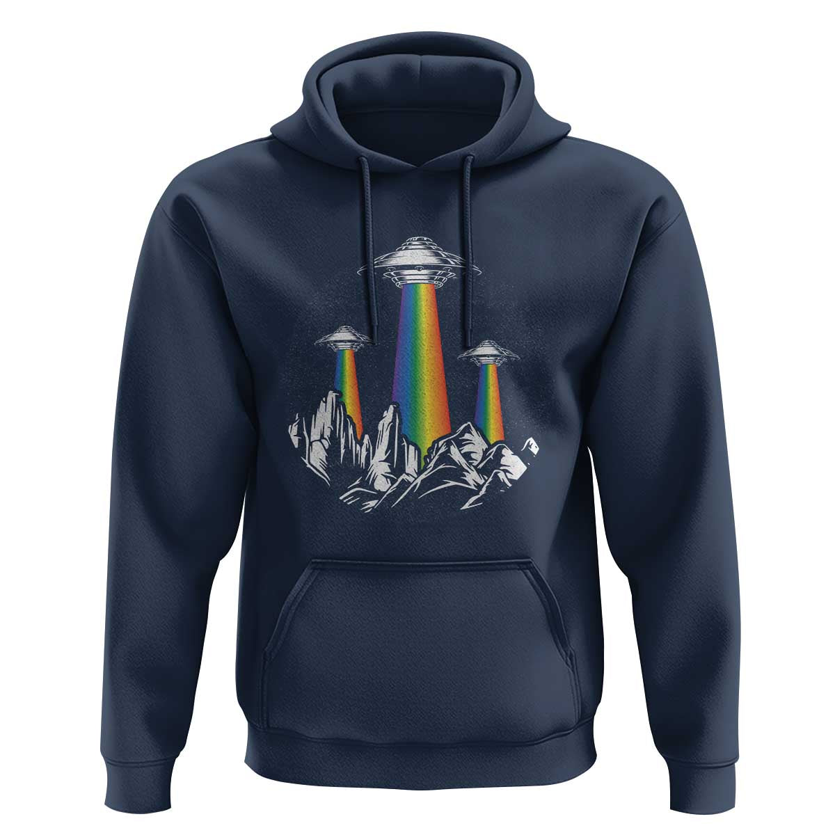 Navy pullover hoodie with front UFO graphic, rainbow beam, and kangaroo pocket