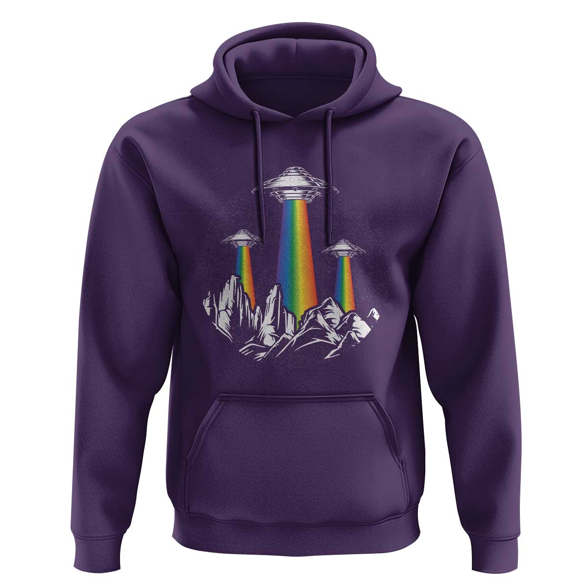 Purple pullover hoodie with front UFO graphic, rainbow beam, and kangaroo pocket
