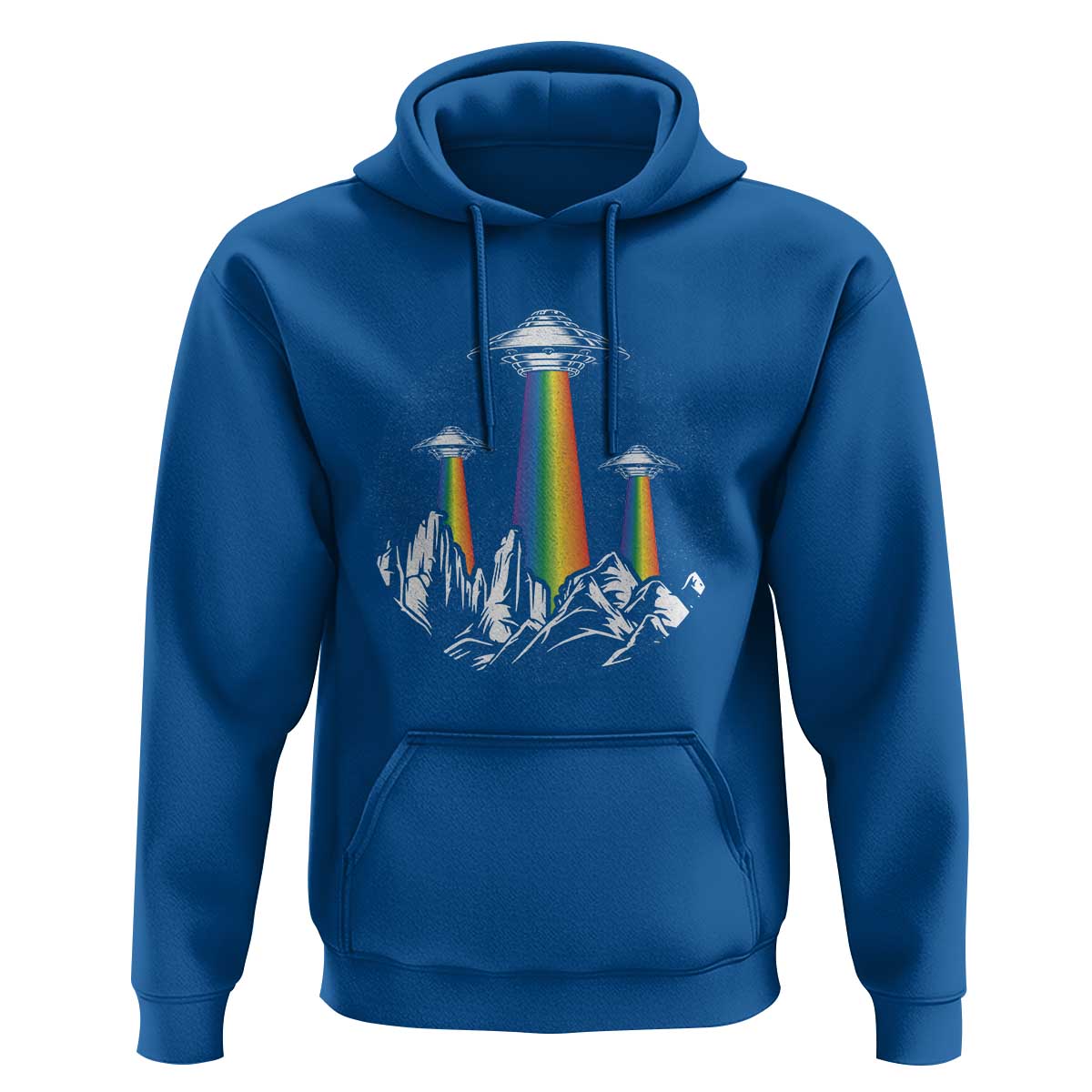 Royal blue pullover hoodie with front UFO graphic, rainbow beam, and kangaroo pocket