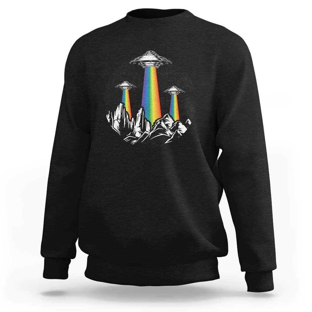 Black sweatshirt with rainbow UFO graphic and city skyline print on chest