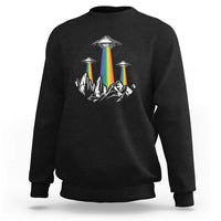 Black sweatshirt with rainbow UFO graphic and city skyline print on chest